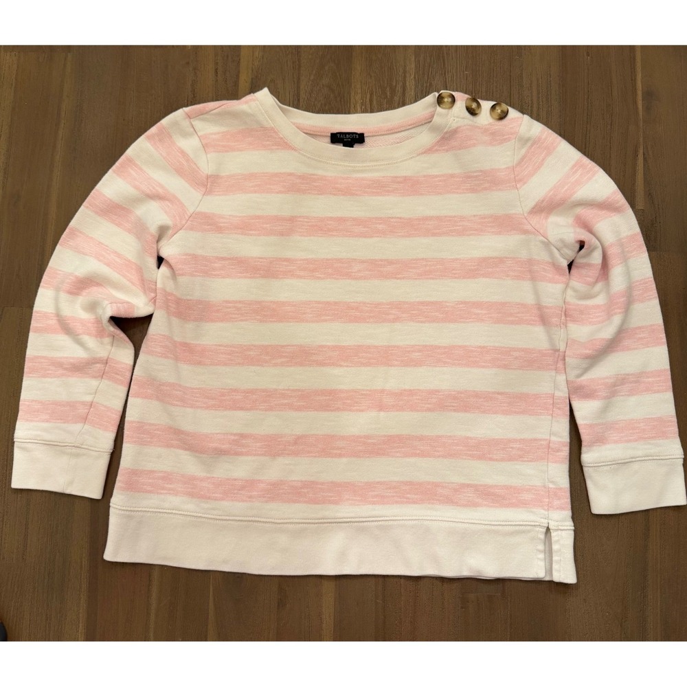 Talbots Women's Striped Crew Neck‎ Sweatshirt with Button Shoulder Detail
